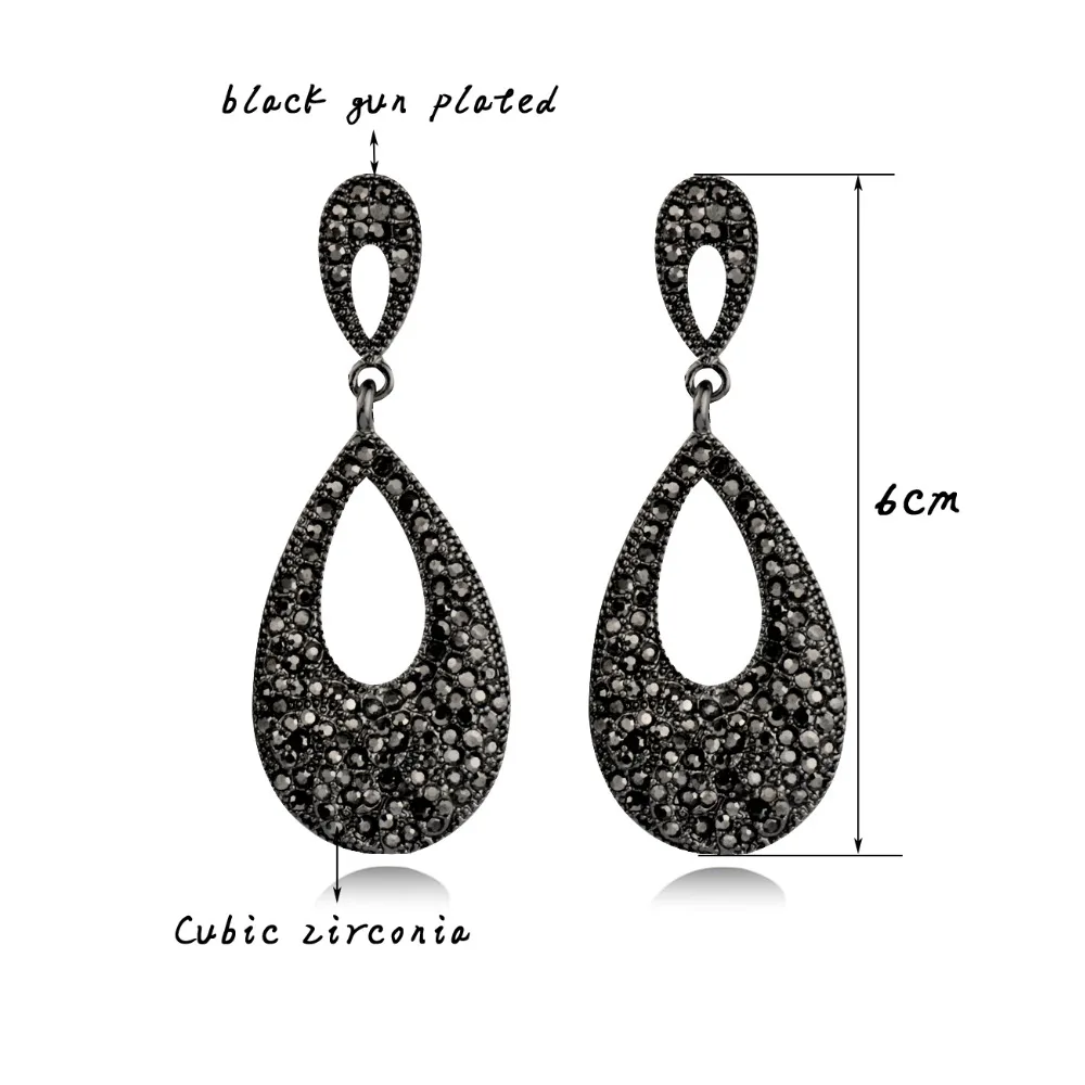 

SINLEERY Retro Full Black Cubic Zirconia Hollow Teardrop Big Drop Earrings Antique Silver Color Statement Jewelry ES116 SSB