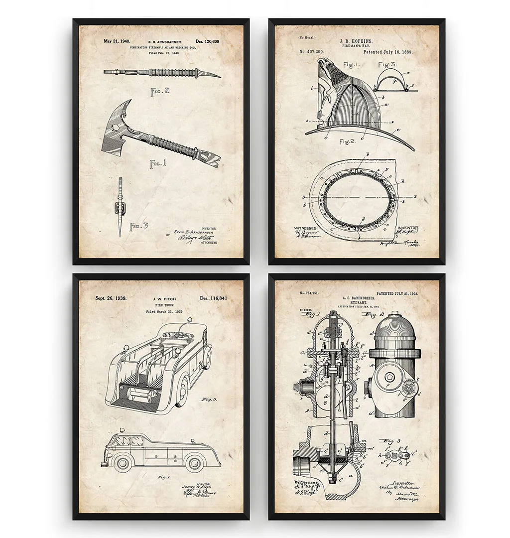 ВИНТАЖНАЯ фотография 4 патента пожарный патент настенный постер холст живопись