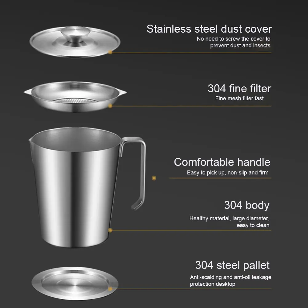 

1.3L With Handle Kitchen Grease Container Fine Mesh Stainless Steel Storage Can Oil Filter Restaurant Strainer Large Capacity