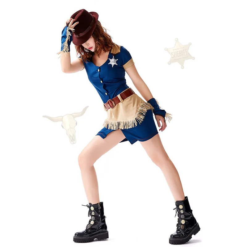 

Blue Women Halloween Policewoman Costumes Female Cowboy West Sheriff Cosplay Carnival Purim Nightclub Bar Role Play Party Dress