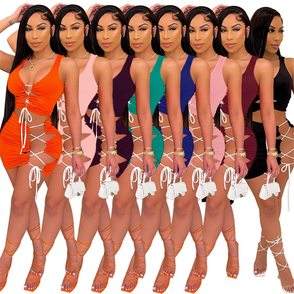 

Drawstring Bandage Two 2 Piece Skirt Set for Women Sexy Club Night Party Outfits Crop Tops and Mini Skirt Sets Matching Sets