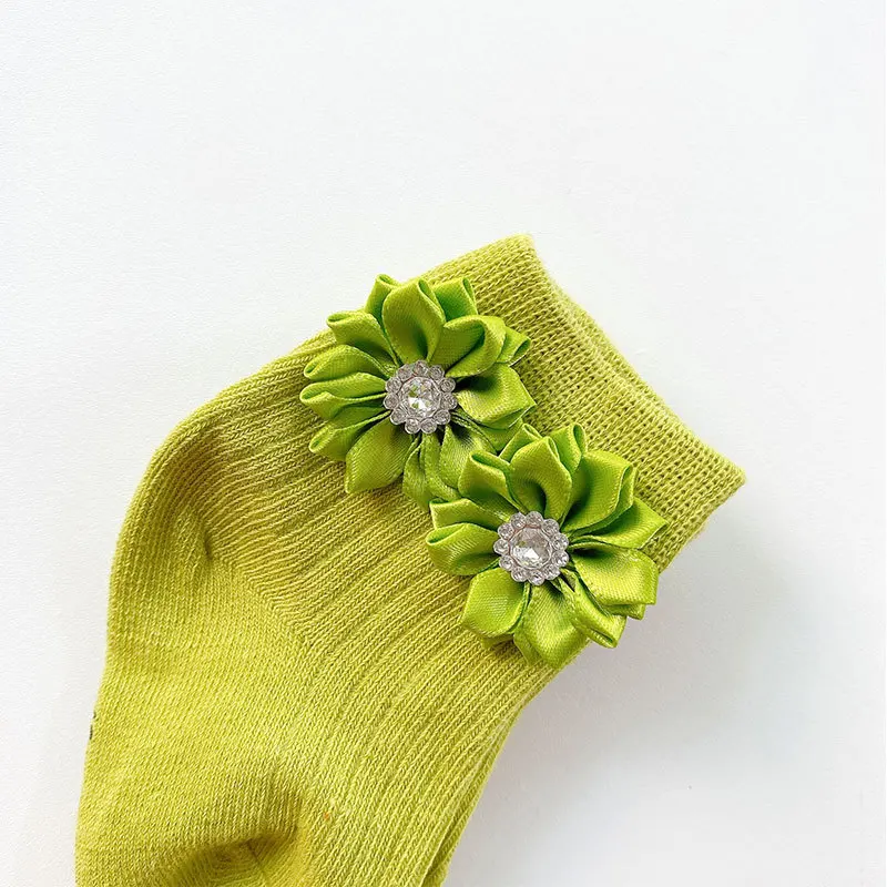 Calcetines con flores para beb&eacute;, oto&ntilde;o e invierno, doble aguja, tira Vertical, de algod&oacute;n, para reci&eacute;n nacidos-4