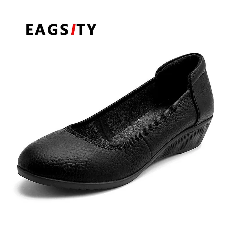 EAGSITY/удобные кожаные женские туфли на танкетке; Модные женские модельные туфли; повседневная обувь для танцев; офисная обувь; слипоны с круглым носком