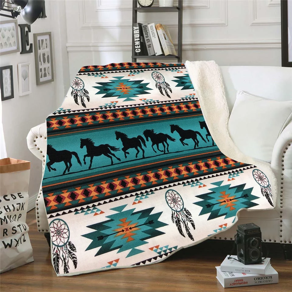 

ONGLYP Sherpa Blanket Bohemian Horse Warm Cozy Thicker Plush Throw Blanket for Sofa Couch Bed Travel Office Nap Comfy Bedspread
