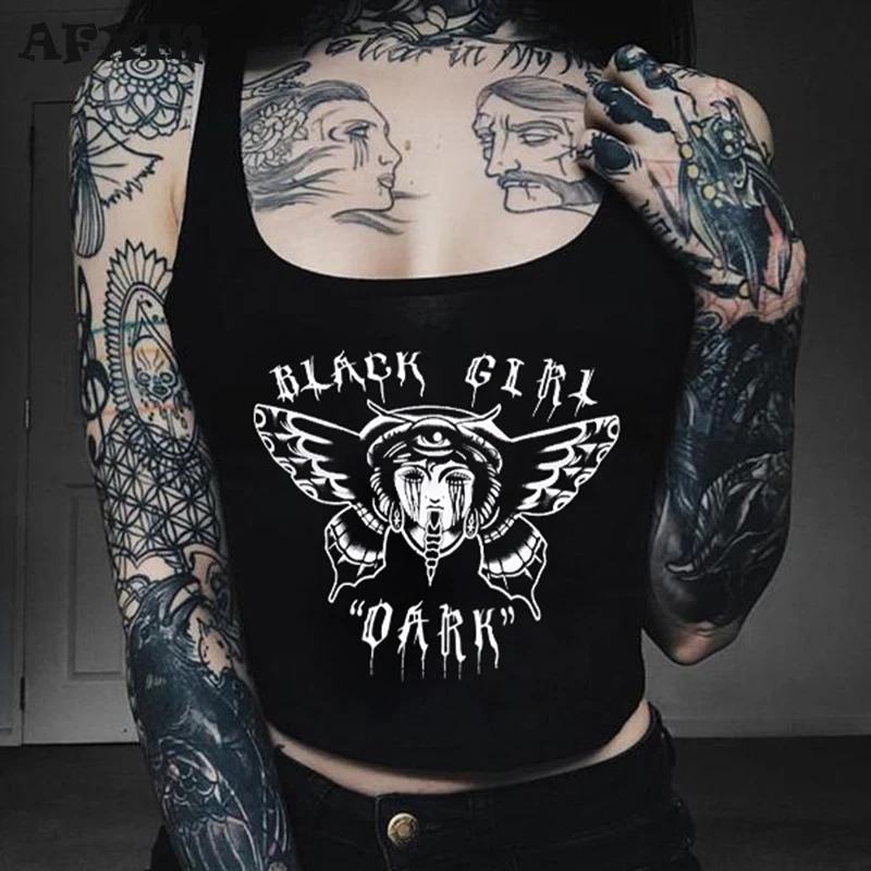 

Женский уличный Топ без рукавов, черный укороченный топ в стиле Харадзюку, с принтом в готическом стиле, летняя одежда в стиле панк, Y2K