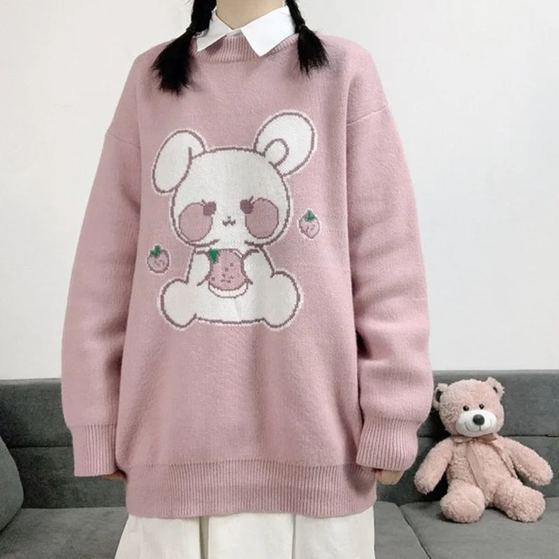 

KOSAHIKI Cute Cartoon Print Loose Sweater Women Japanese Kawaii Ulzzang Female Korean Harajuku Clothing Knitted Pullover Jumper