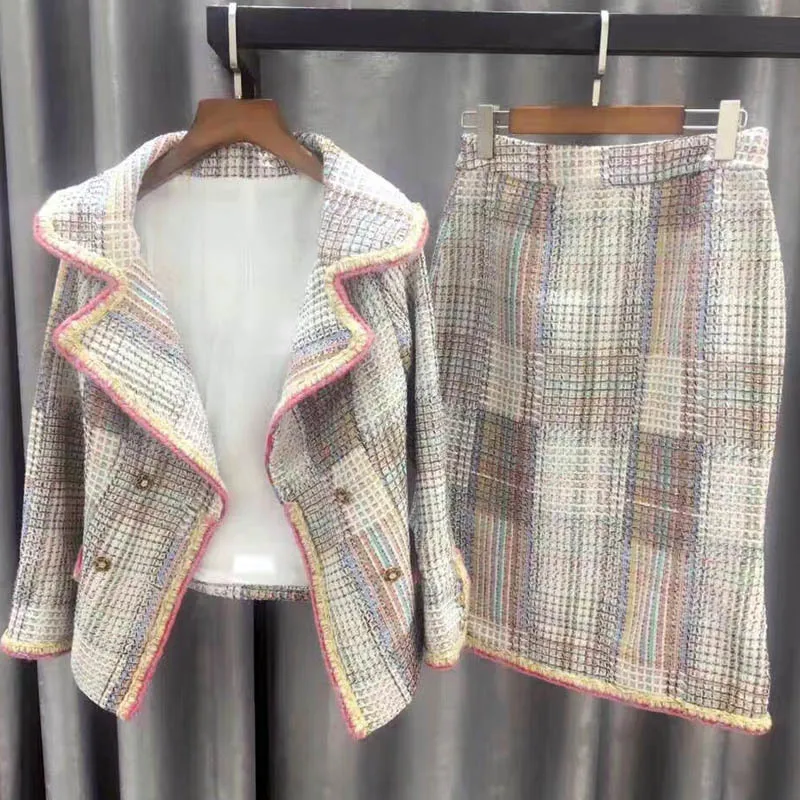 Твидовая куртка для женщин 2020 подиумное пальто двубортное с пуговицами длинным