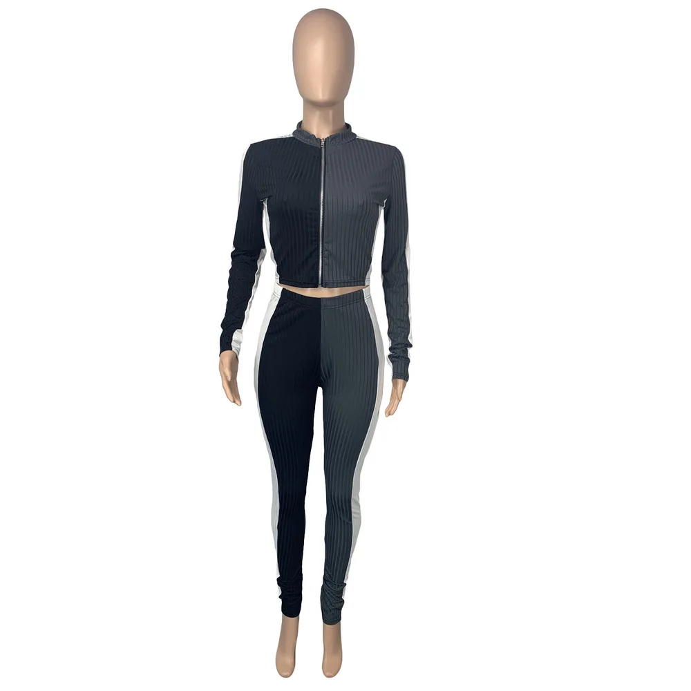 

Color Block Spliced Long Sleeve Ribbed Tops and Good Stretchy Skinny Legging Autumn Clothing Casual Slim Fit Sport 2 Piece Sets
