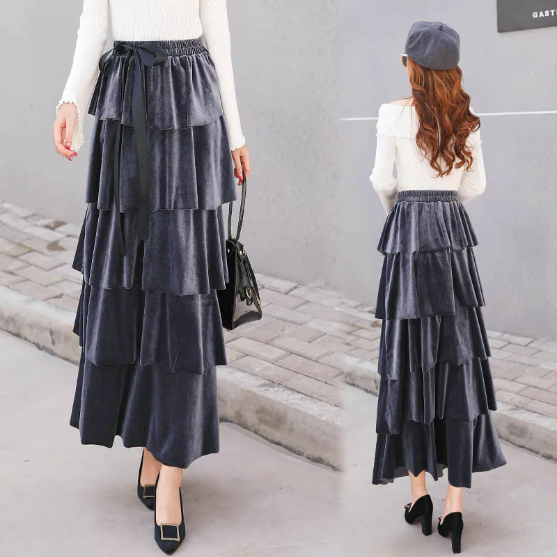 Модные золотистые бархатные юбки сезона осень зима 2019 женская уличная одежда