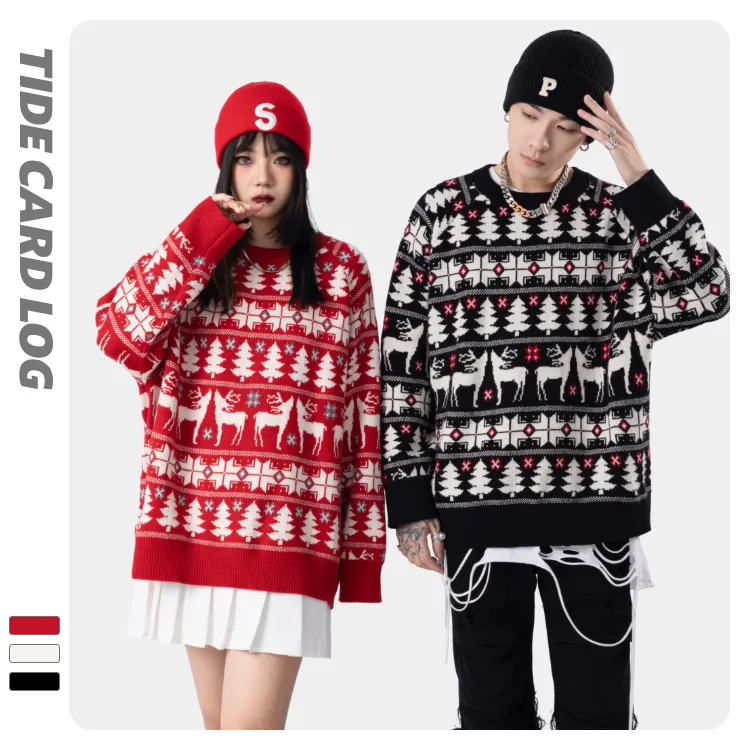 

TIDE Autumn and Winter New Design Sense Loose and Lazy Outer Wear Plus Velvet Warm Knit Sweater Couple Christmas Sweater Women