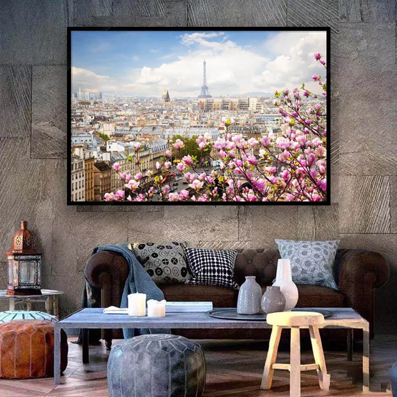 

Yellow Maple Leaf poster wall Art Eiffel Tower city building pink plum flower home decoration canvas living room mural