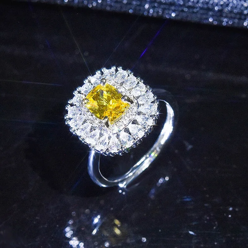 

Classic Square Adjustable Ring With Fashion Dazzling Yellow Cubic Zircon Luxury Jewelry For Women Wedding Party Anniversary Gift