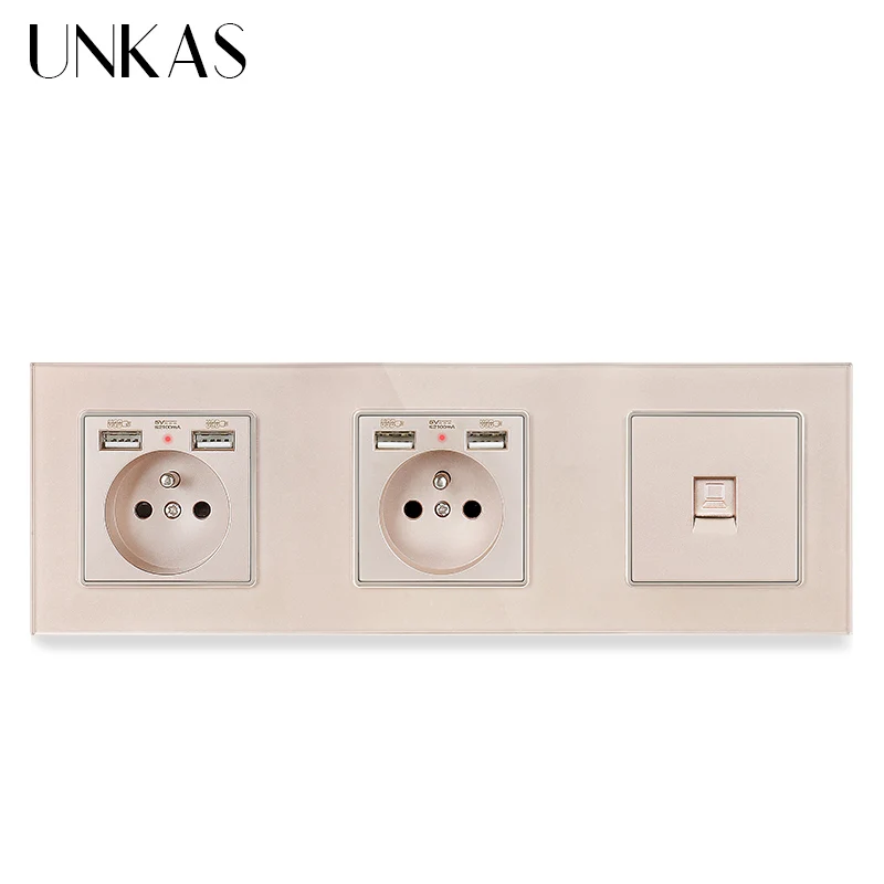 Двойная французская стандартная настенная розетка UNKAS со стеклянной панелью и 4