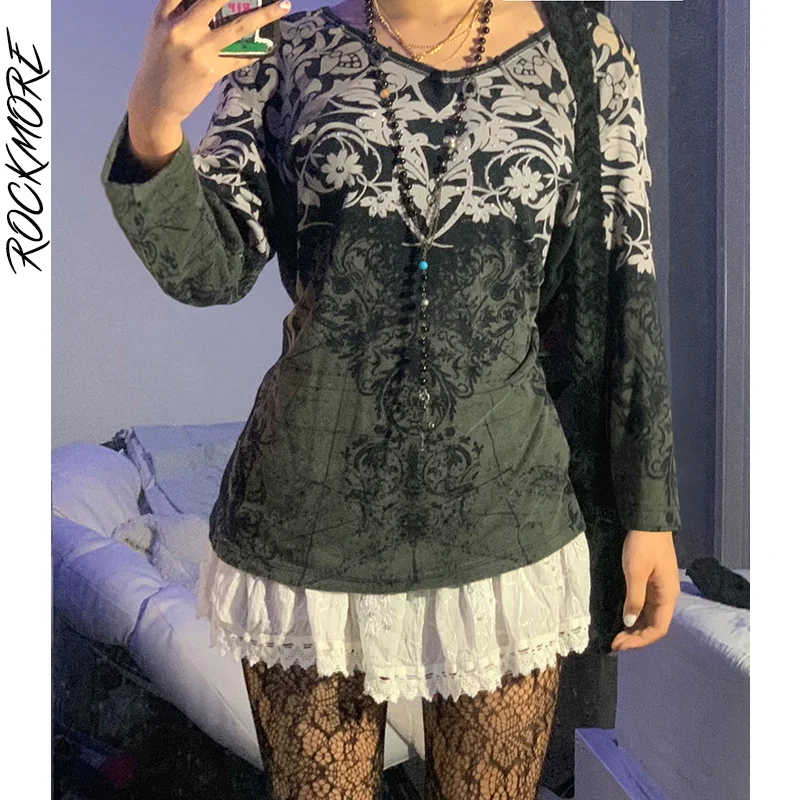 

Rockmore Vintage Print T-shirt Women Y2K Aesthetic Long Sleeve Pullovers Top Autumn Korean E Girl Tee Shirt 90s Grunge Fairycore