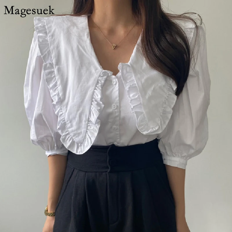 

Fashion Puff Short Sleeve Lace Ruffled Shirt Woman Korean Summer Peter Pan Collar Women Blouses Loose Tops Female Clothing 14252