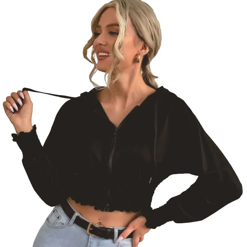 

Women Black Hooded Short Hoodie Sweatshirts Spring Autumn Fashion Slim Ladies Zip-up Jacket Tops