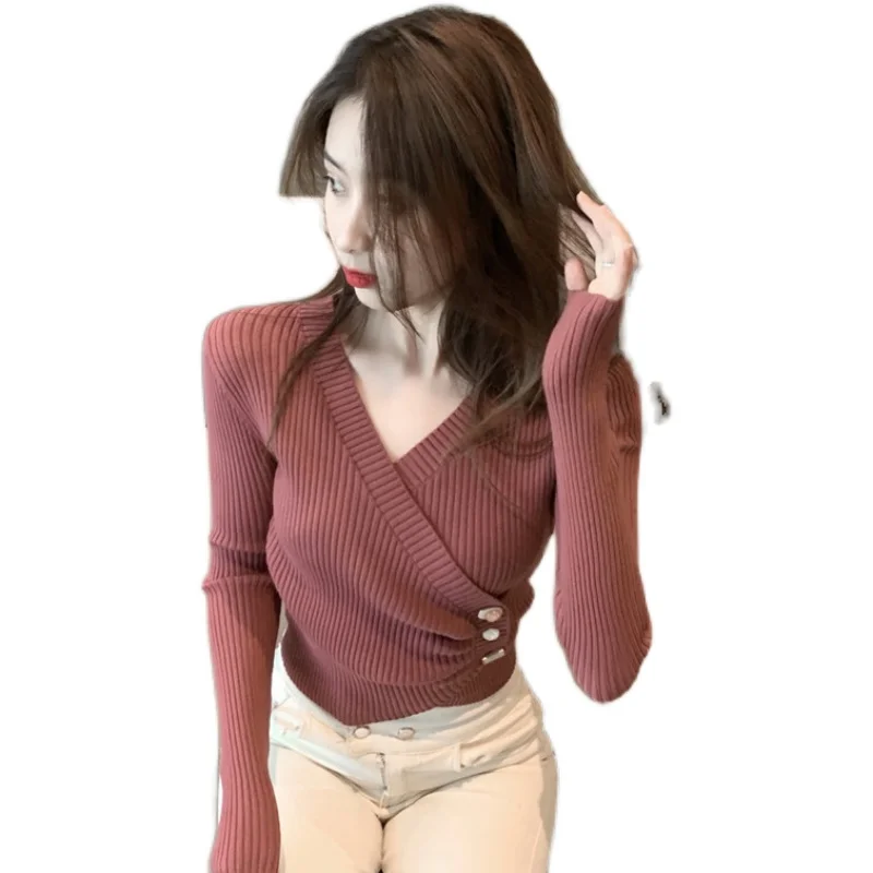 

Restoring ancient ways is irregular knit sets the new female long-sleeved v-neck gentle autumn wind design feeling jacket