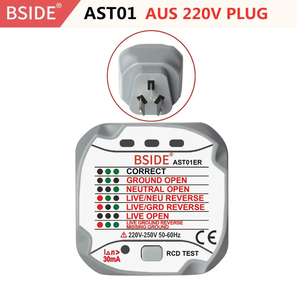 AST01 AUS 220V BSIDE AST01 тестер розетки тестер штепсельной вилки AU автоматический детектор полярности напряжения электрической цепи настенный выключатель Finder - Цвет: AST01 AUS 220V