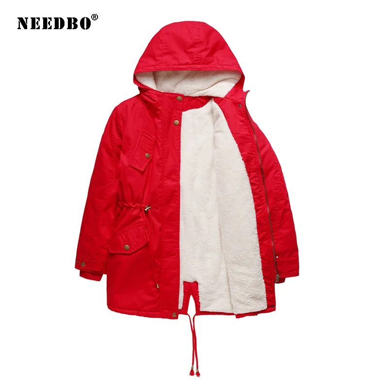 NEEDBO зимняя одежда Женское пальто одноцветное с капюшоном на завязках талии