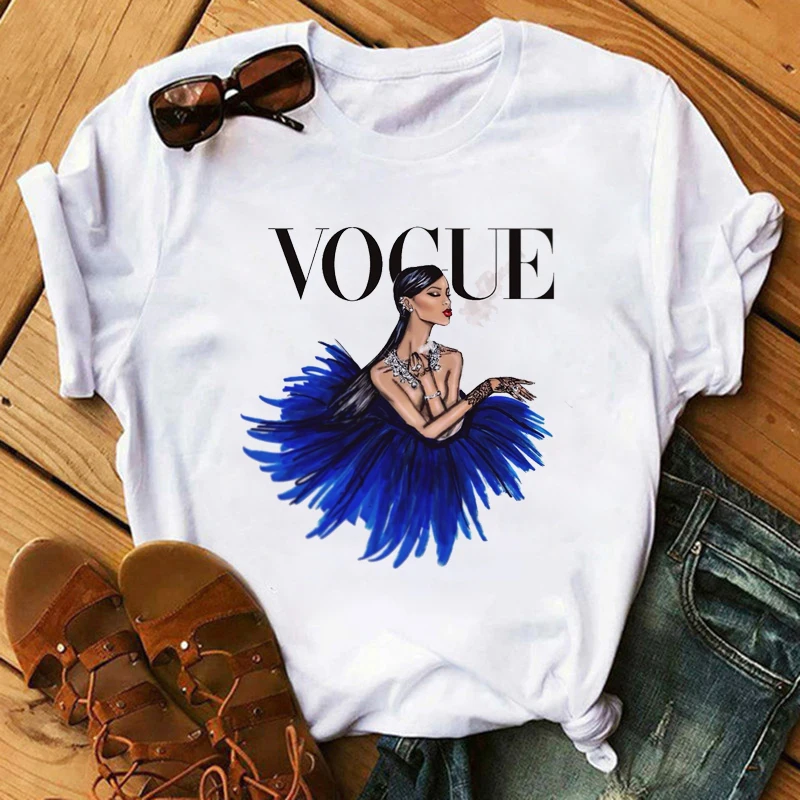 

VOGUE Women T-shirts 2021 Fashion Girl Print Top Female Tshirt Summer New Style 90s Summer Casual O-neck Lady Tee Tops Shirts