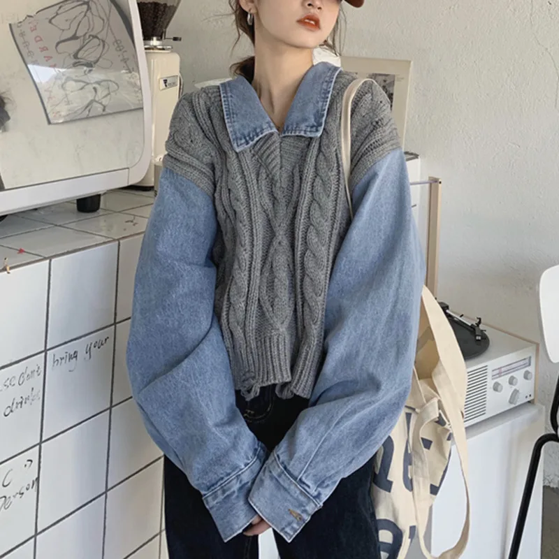 Design Sense Cowboy Stitching Fake Two-piece Sweater Women's Autumn Lazy Wind Loose Outer Knitted Top