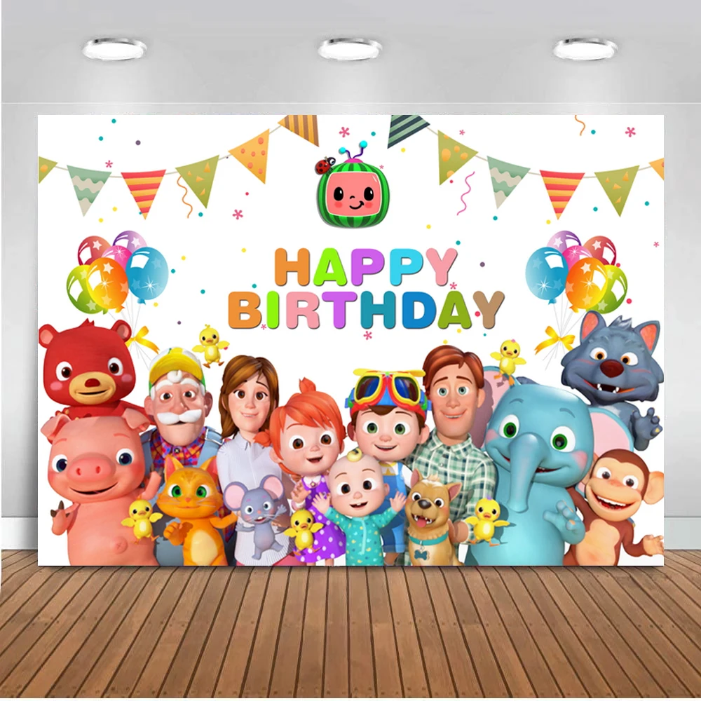 

Cocomelon Theme Family Photography Backdrops Bunting Balloons Children Birthday Party Backgrounds For Table Decor Photo Studio