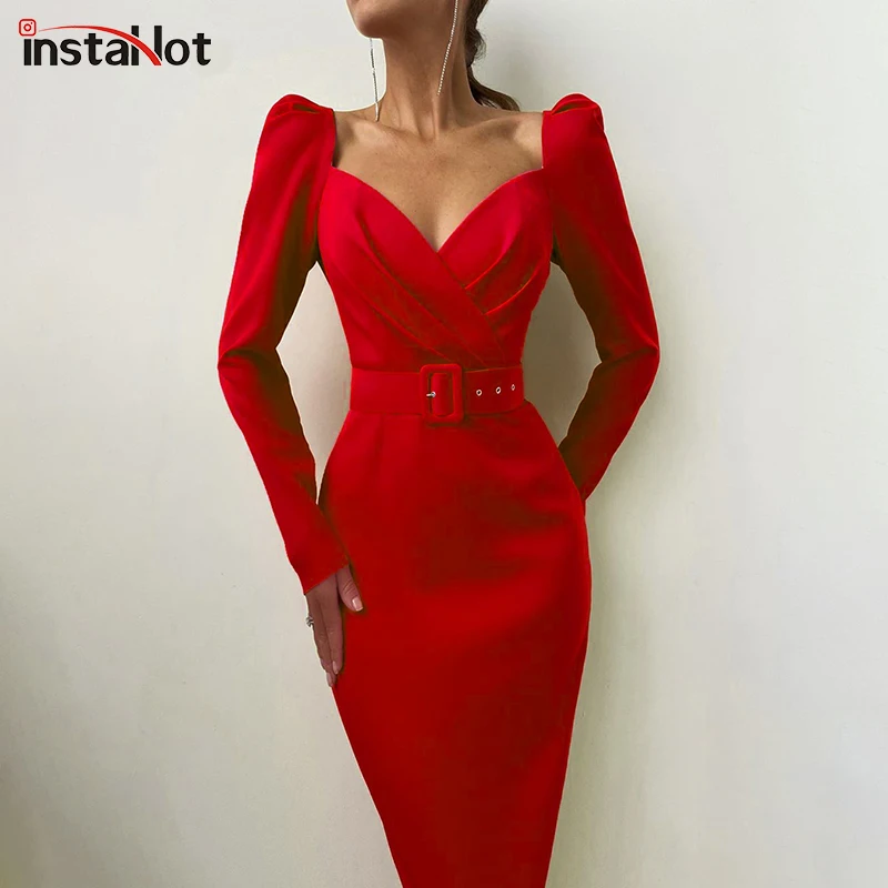 

Женское платье-карандаш InstaHot, элегантное однотонное красное вечернее платье до середины икры с V-образным вырезом и длинным рукавом-фонарик...