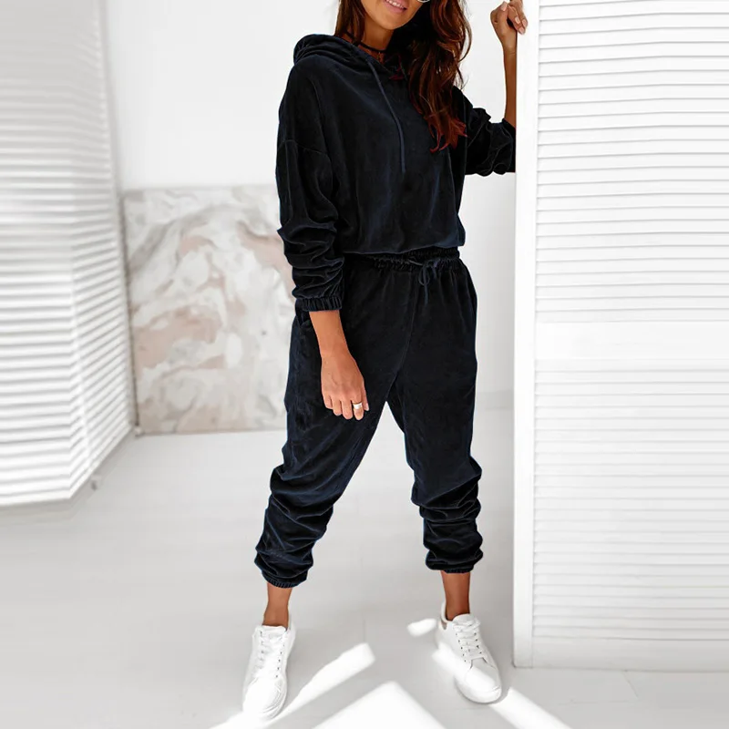 

Women Golden Velvet Two Piece Sets Autumn Winter New Casual Long-Sleeve Outfit Solid Hooded Pullover Top Elastic Waist Pants Set