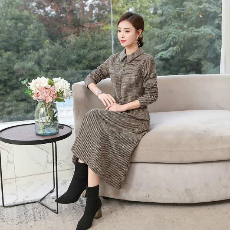 

2021 Winter High Quality Women's Suit Skirt Set Two-piece Korean Version of Professional Plaid Ladies Jacket Slim Skirt Y367
