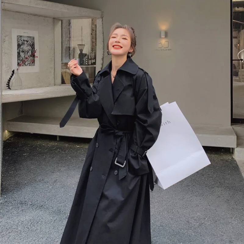 

Женский черный тренчкот на весну и осень, двубортный сверхдлинный дамский плащ, свободная ветровка с подкладкой из 100% хлопка для женщин