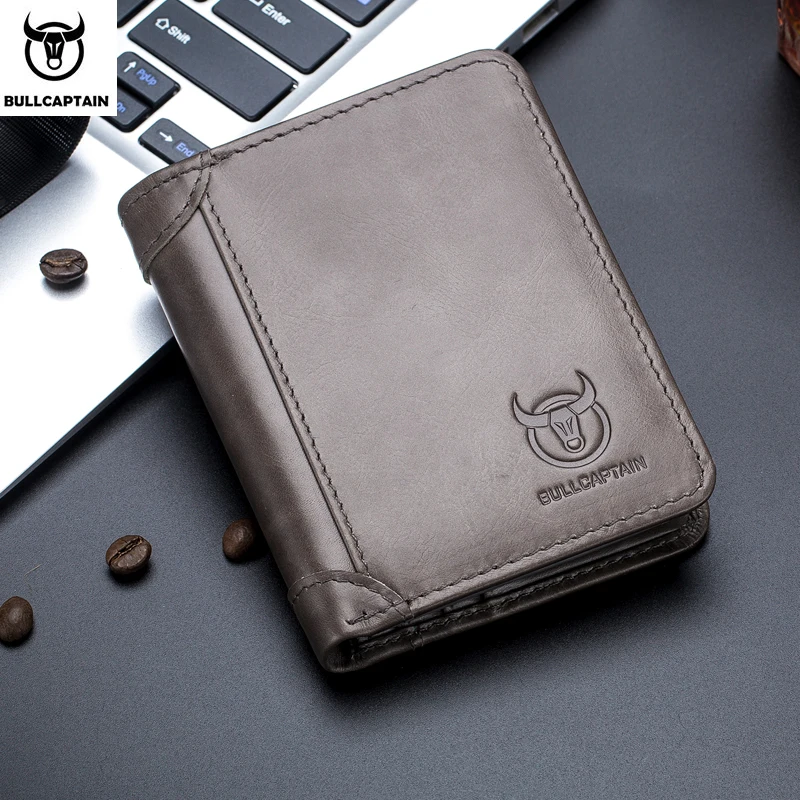 Bullcaptain RFID Leather Men's Wallet with Coin Purse Retro Fashion Men's Wallet Features Brown Short Wallet Card Holder Clutch