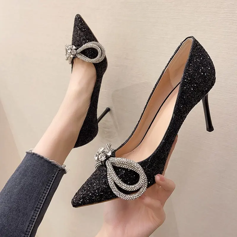 

High Heels Women's 2021 Summer New Style Rhinestone Bow Korean Stiletto Pointed Toe Shoes