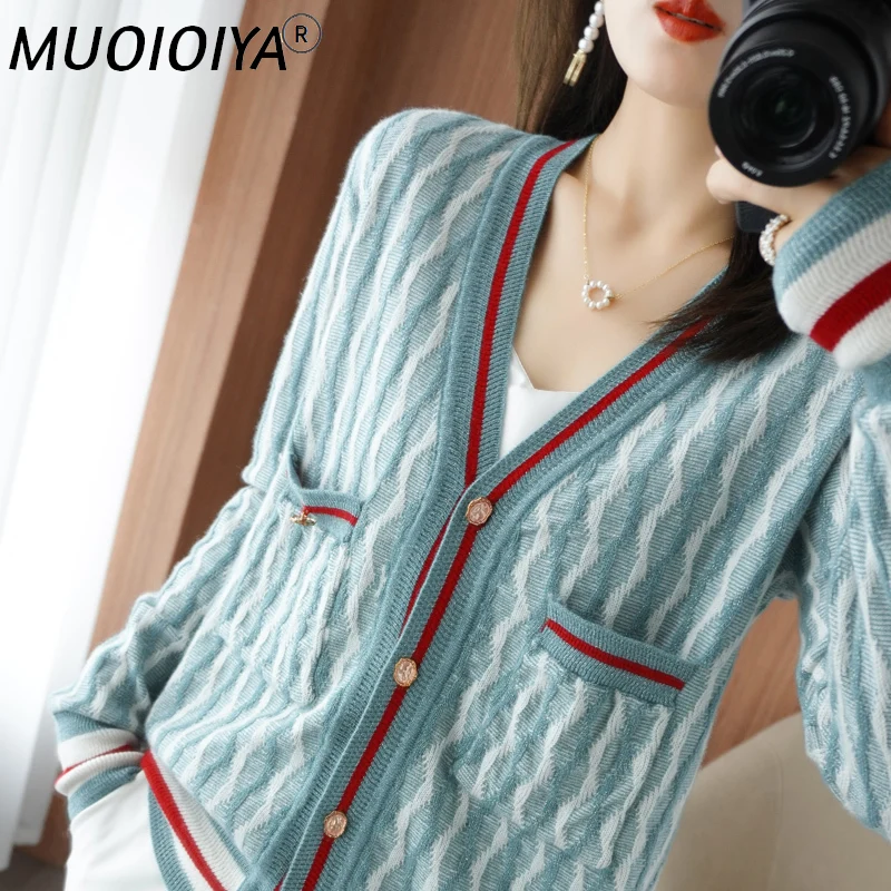 

100% Pure Wool Sweater Autumn and Winter 2022 Women's V-Neck Cardigan Casual Stitching Bright Silk Female Cashmere Jacket Warm