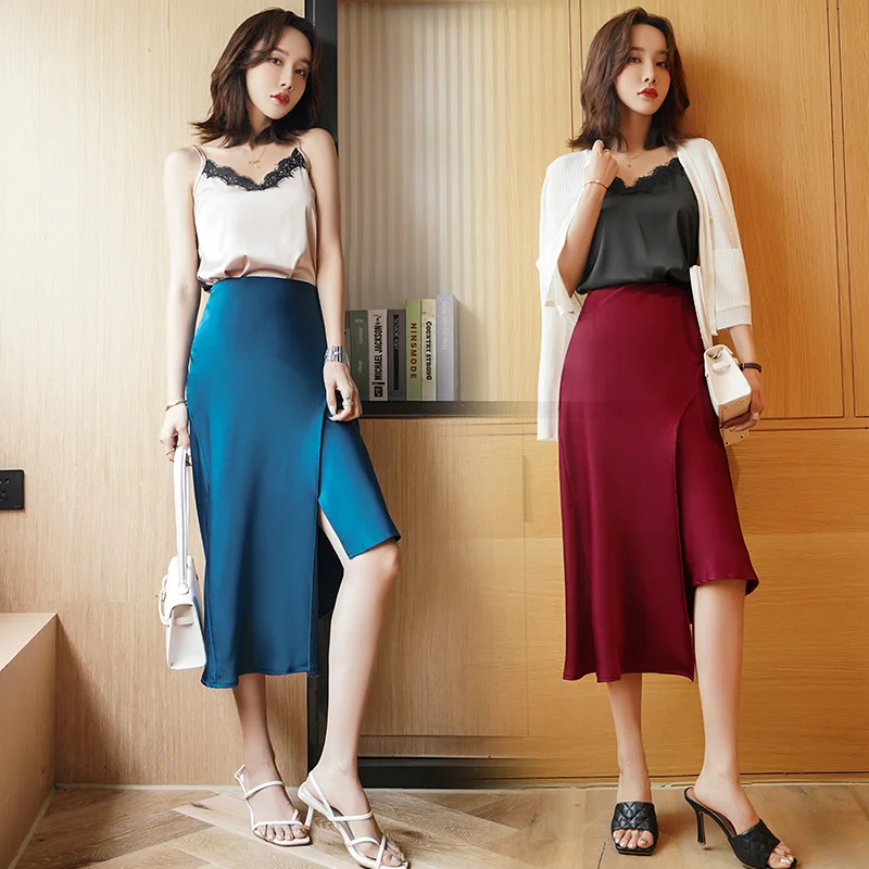 

Korean Heavy Silk Skirts Womens Women Irregular Satin Skirt Women High Waist Silk Skirts Ladies Solid Split Skirt Loose