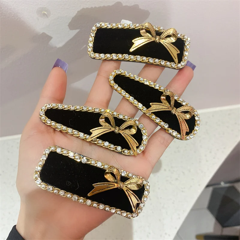 

Korean Vintage Pearl Rhinestone Hairpin Headdress Gold Bow BB Clip For Womans Girl Bangs Clip Hairclip Barrette Hair Accessories