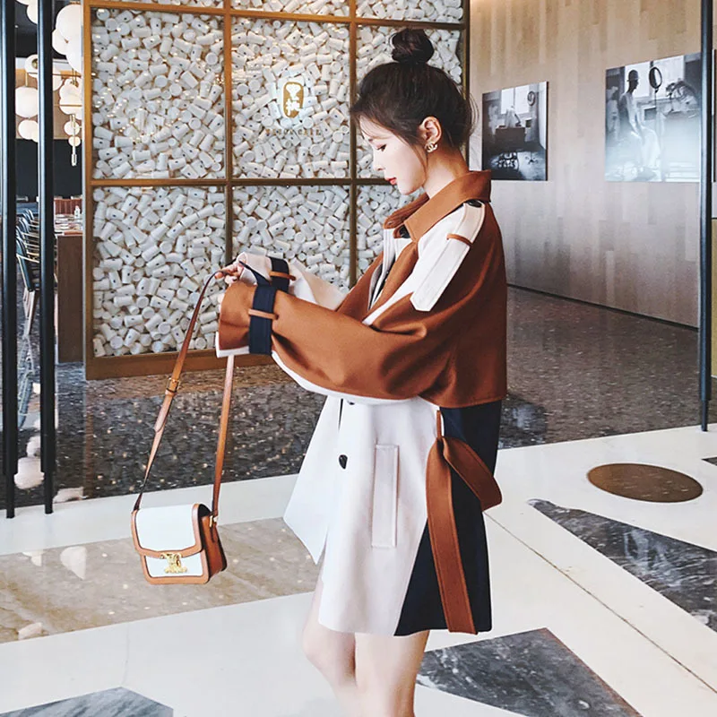 

Korean Women Casual Short Color Matching Trench Coat Loose With Sashes Lapel Single Breasted Female Windbreaker Elegant Fashion