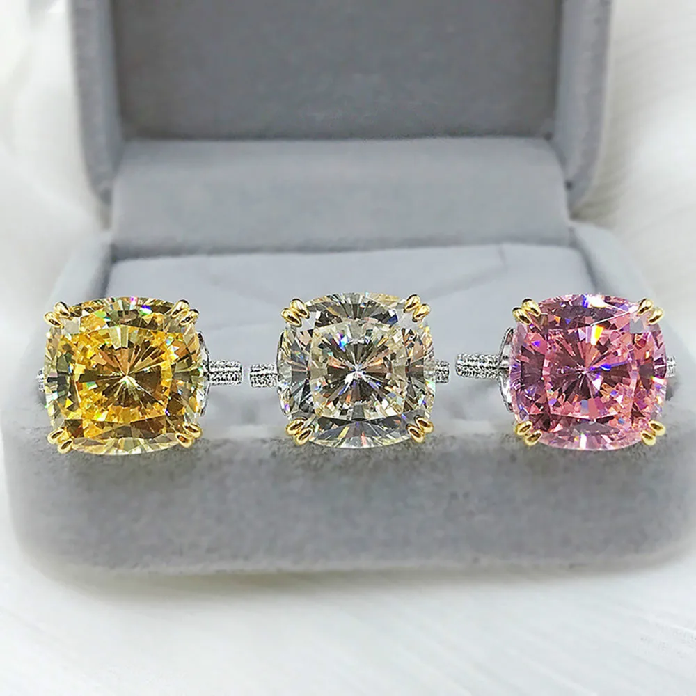 

Women's Luxury 925 Sterling Silver Stamp Ring Charms 14*14mm Lab Diamond Topaz Pink Quartz Gemstone Wedding Bands For Girlfriend