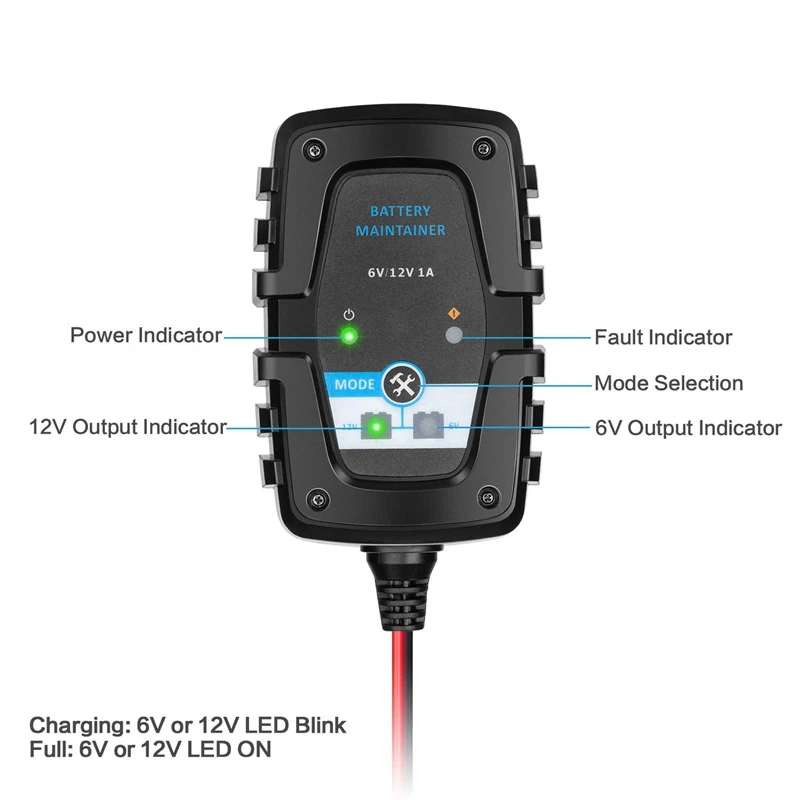 6V 12V 1А Зарядное устройство для аккумулятора с медленной зарядкой и поддержкой автомобилей, смарт-плавка для автомобилей, мотоциклов, газонокосилок, квадроциклов, домов на колесах SUV и гольфа.