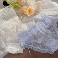 leechee womans sexy dot flounce underwear see through lace pants bow decoration printed panties breathable net cloth briefs