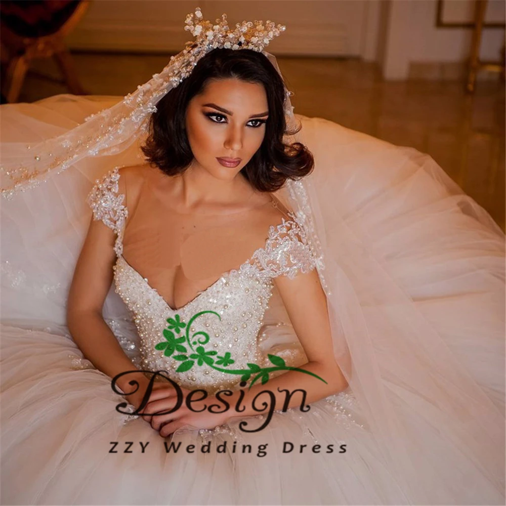 

Luxury Princess Wedding Dresses 2019 Cap-Sleeves Appliques Pearls Ball Gowns with Chapel Train for Bride robe de noiva