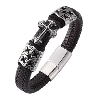 fashion cross charm brown leather bracelet men vintage punk wristband cuff bracelet bangle male jewelry pd0125