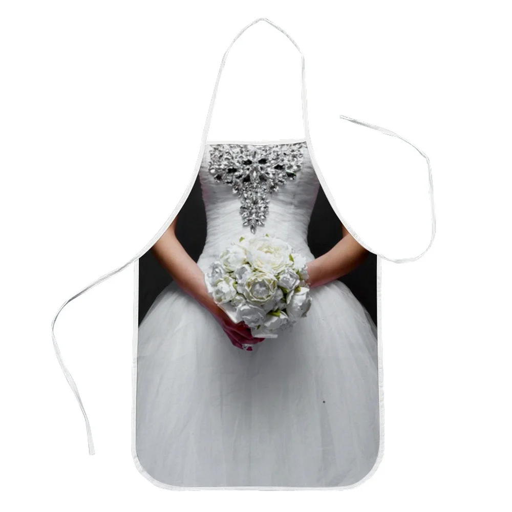 

Bride Holding Bouquet Kitchen Apron Printed Sleeveless Polyester Aprons for Child Adult Home Cleaning Tools Waist Baking Aprons