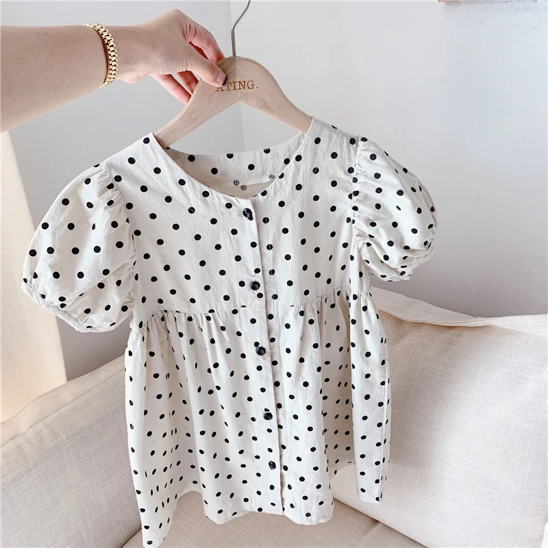 

Celveroso 2021 children's summer new dress girl's Korean summer dress hemp cotton polka-dot single breasted rural style dress