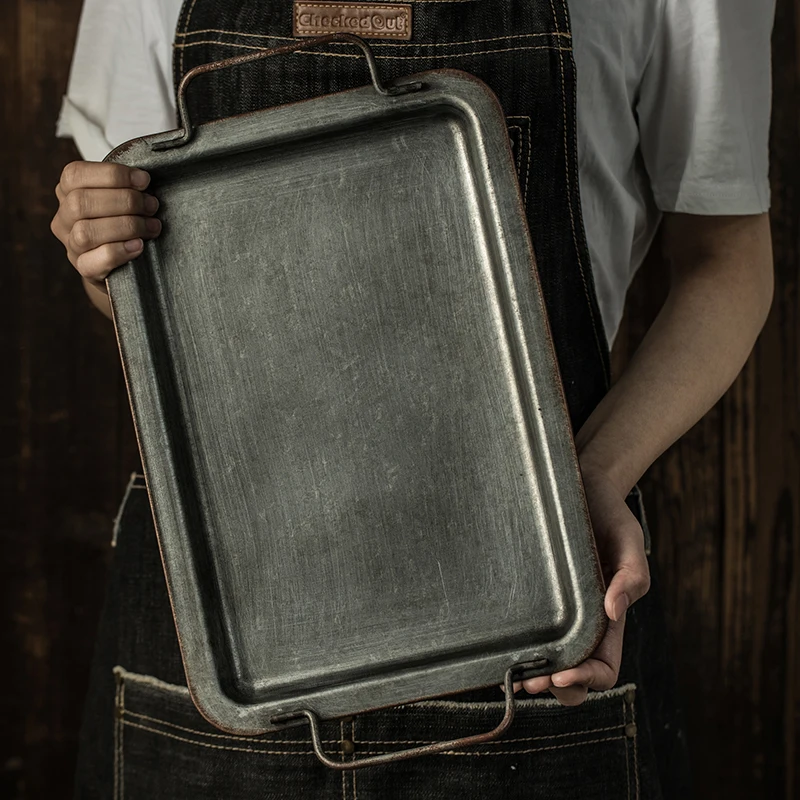 Квадратная железная тарелка в европейском и ретро стиле с ручками металлический