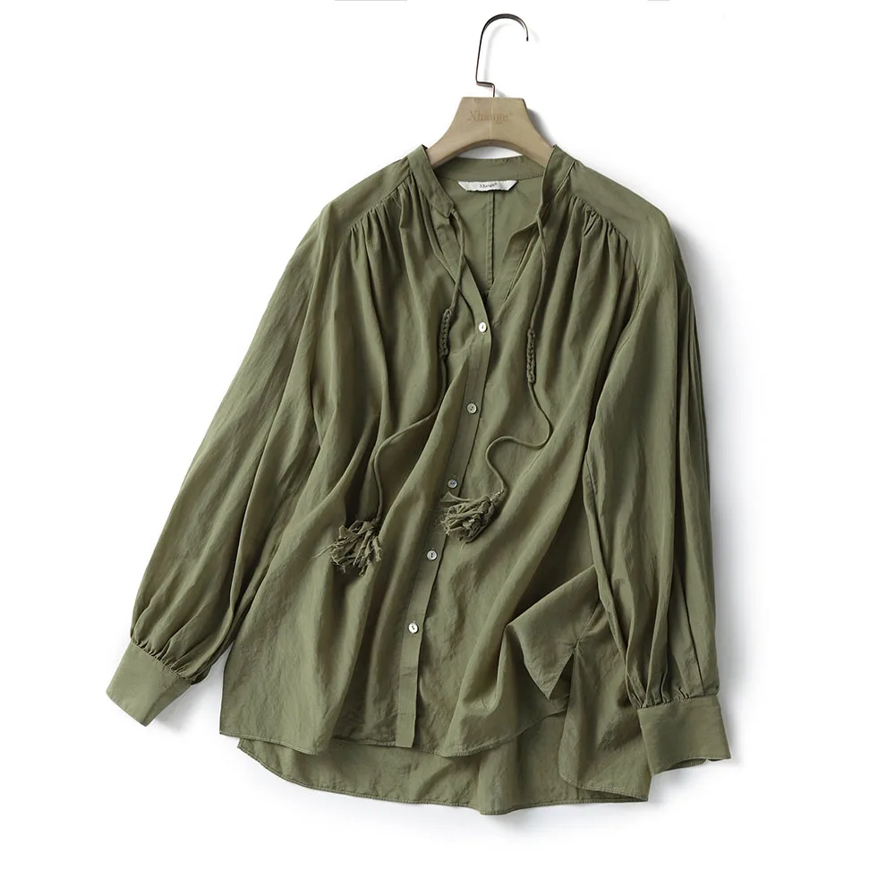 

Blouse Plain Gathered Puff Sleeve Ladies Fashion Long Sleeve Simple Shirt Women Japanese Style 2021 New Korean Office Ladies