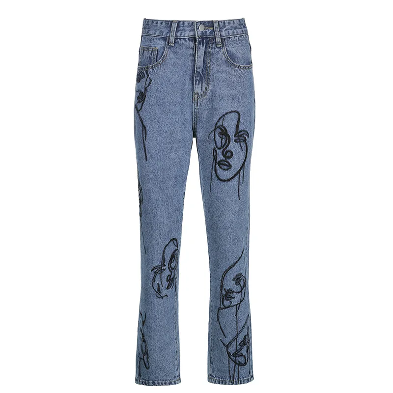 

Blue Color 2021 Summer Newest Women's Abstract Face Embroidered Fashion Loose Casual Jeans for Girls Straight Pants