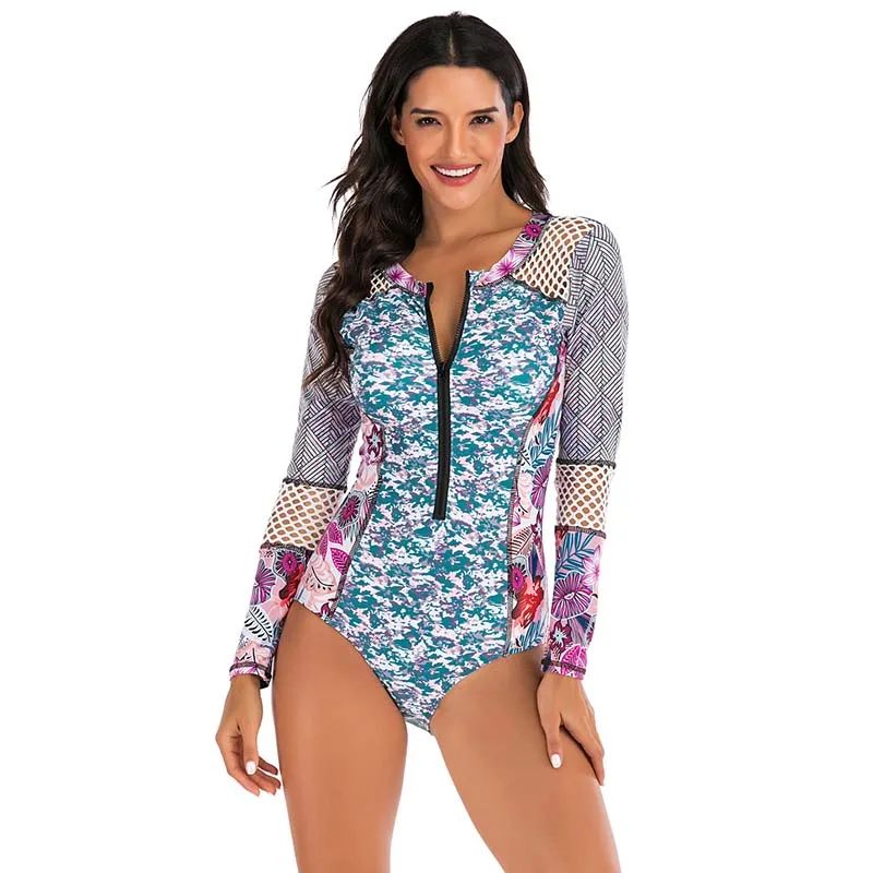 New See Through Long Sleeve Rash guards Women Mesh Swimwear One Piece Swimsuit Sports Surf Beach wear Bikini Bathing Suits