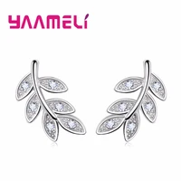 trendy real 925 sterling silver stud earrings sweet feather leaves design austrian crystal paved women girl gfit jewerly