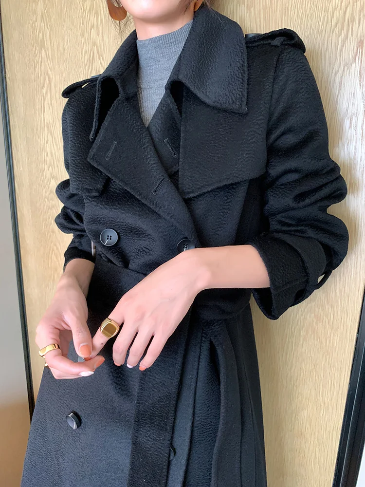 

Penny luxury water ripple texture long cashmere double-sided tweed women's coat 2021 winter new black tweed coat