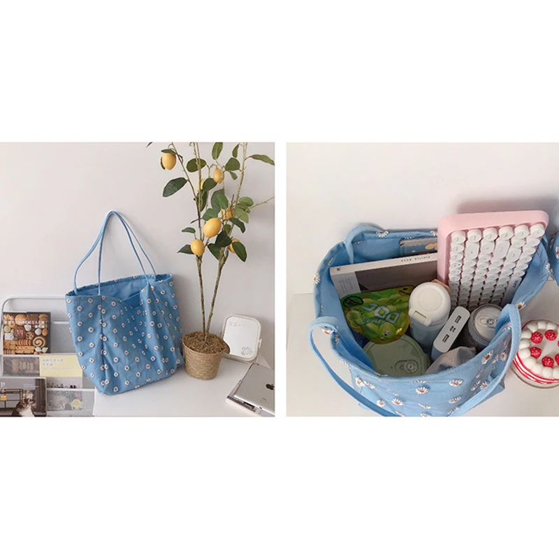 

Fashion Women Daisy Embroidery Canvas Shoulder Bag Large Capacity Shopping Bag Leisure Travel Simplicity Handbag